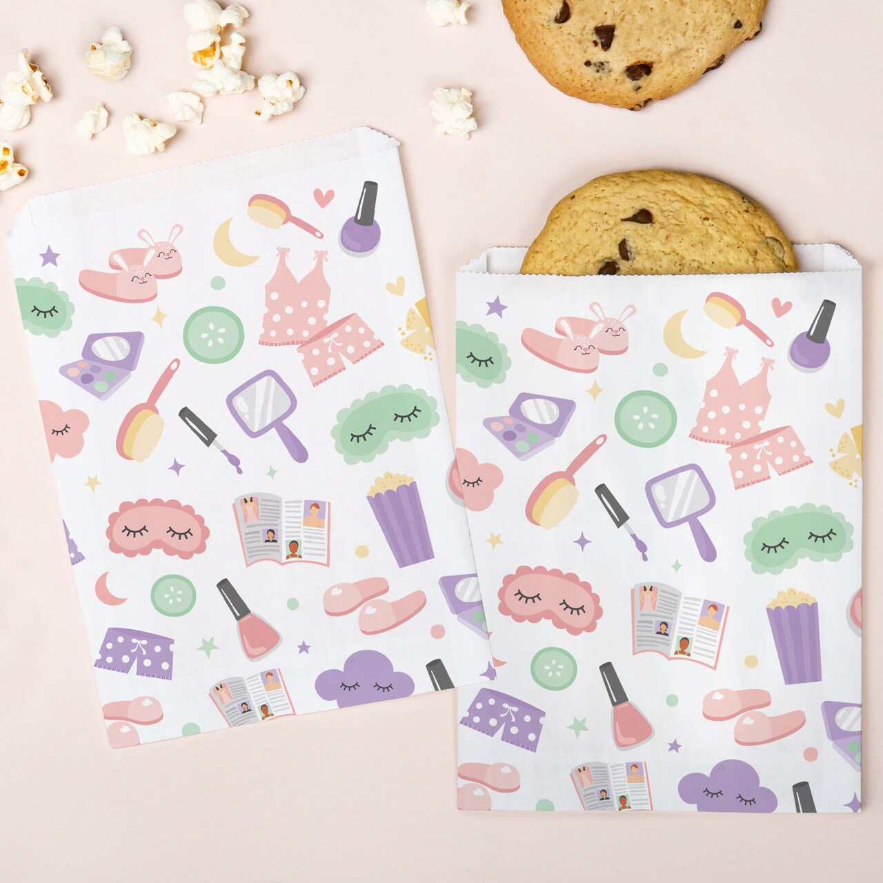 Big Dot of Happiness Pajama Slumber Party Paper Treat Bags, Girls Sleepover Party Candy Bags, Greaseproof White Paper Sandwich Cookie Bags - 25 Count